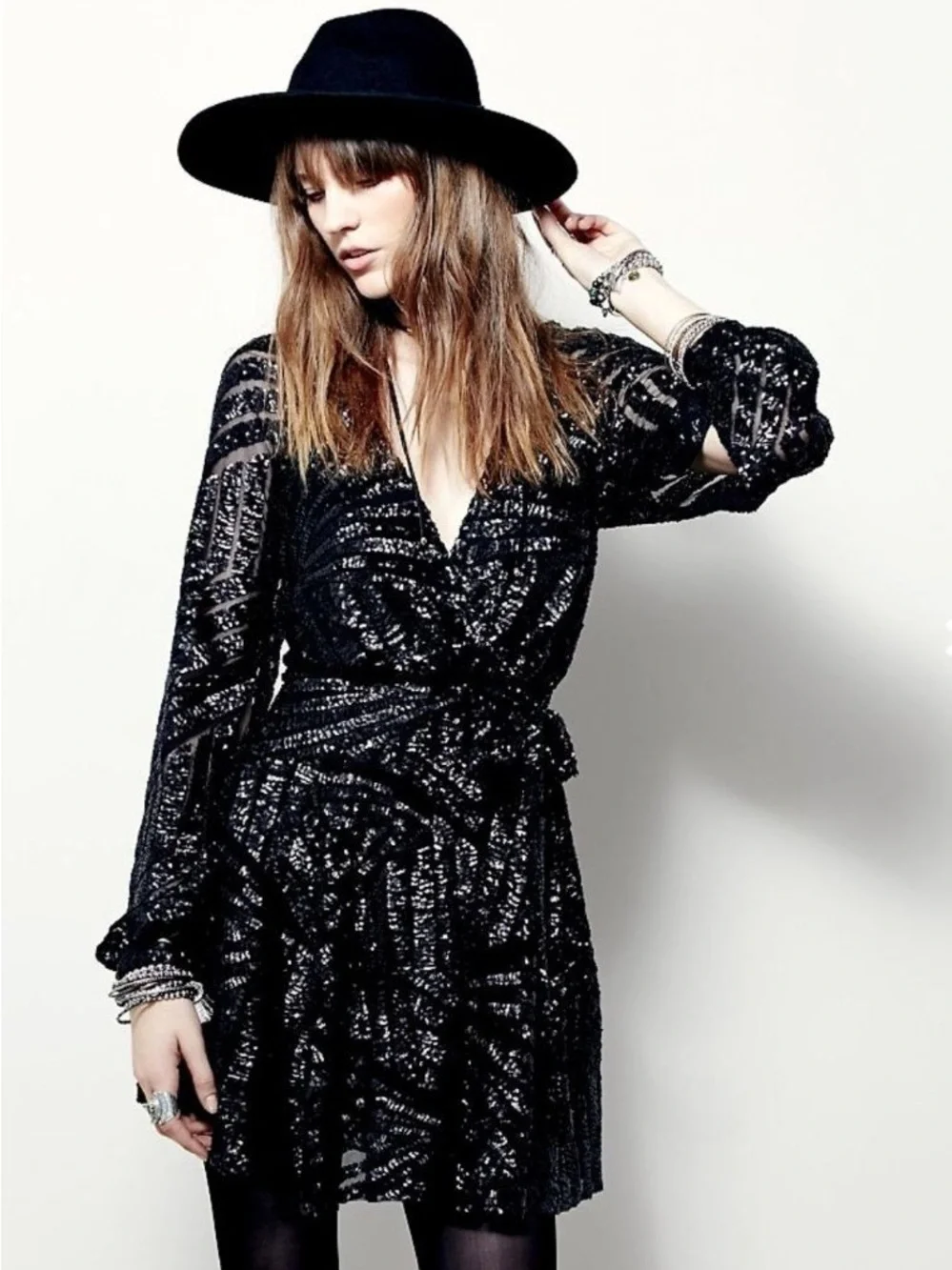 Free People Tiger Eyes Muted Charcoal Sequin Side Tie Wrap Mini Dress Sz S